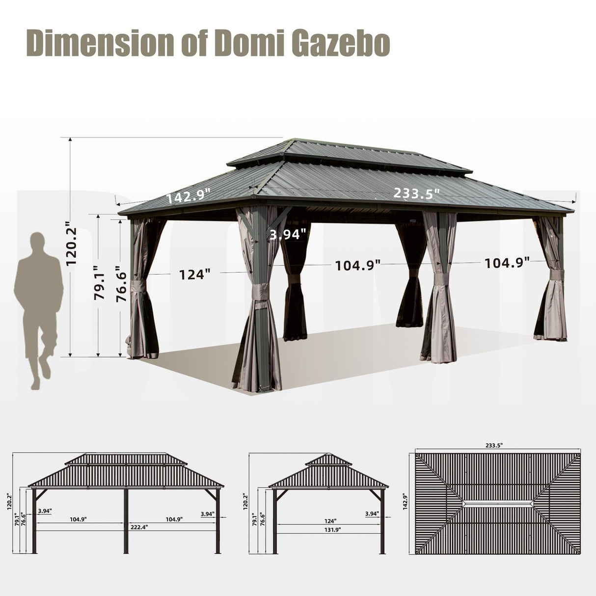 Domi 12’ X 20’ Hardtop Gazebo Canopy with Netting & Curtains, Outdoor Aluminum Gazebo with Galvanized Steel Double Roof for Patio Lawn and Garden, Gray domi outdoor living