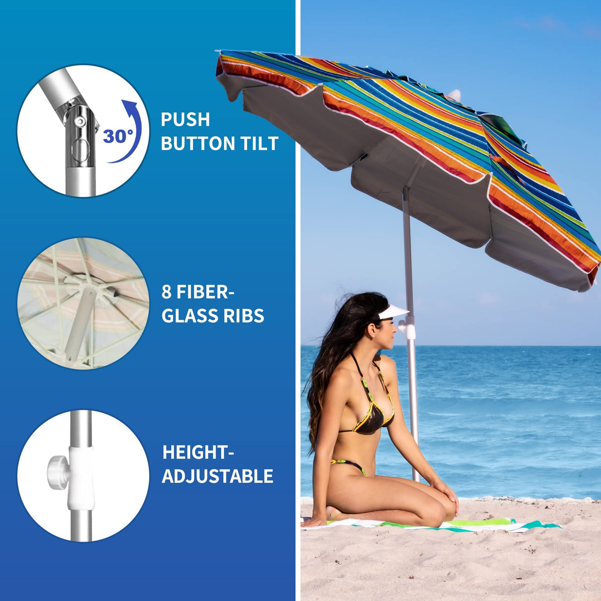 AMMSUN Beach Umbrellas for Sand Heavy Duty Wind Portable, 6.5ft Outdoor Umbrella with Sand Anchor and UV Protection, Parasols Includes Carry Bag for Beach, Patio, and Garden, Yellow Stripes AMMSUN