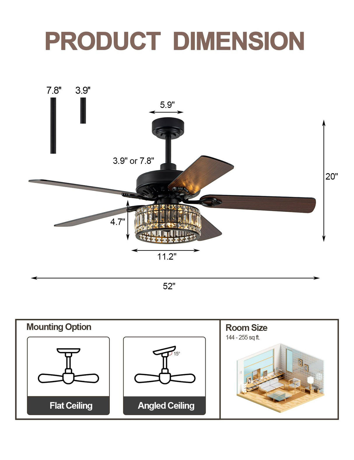 Curve Curio 52 Inch Chandelier Fan Crystal Farmhouse Ceiling Fan with Light Quiet and Reversible DC Motor for Living Room Bedroom Patio Curve Curio