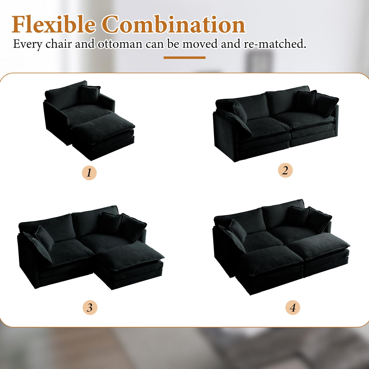 76.7" Deep Seat Sectional Cloud Sofa with 2 Ottomans & Soft Pillows, Loveseat Modular Couch for Living Room, Apartment, Small Space, Black Chenille Tmsan