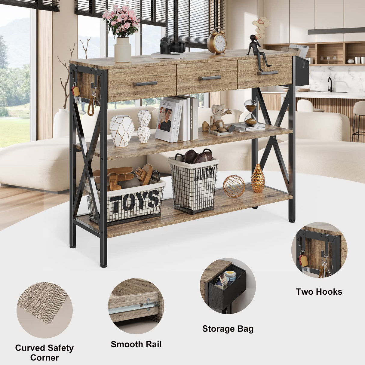 Gizoon 47" Console Table with 3 Drawers, Industrial Entryway Table with 3 Tier Storage Shelves, Narrow Long Sofa Table for Entry Way, Hallway, Couch, Living Room, Kitchen, Grey Gizoon