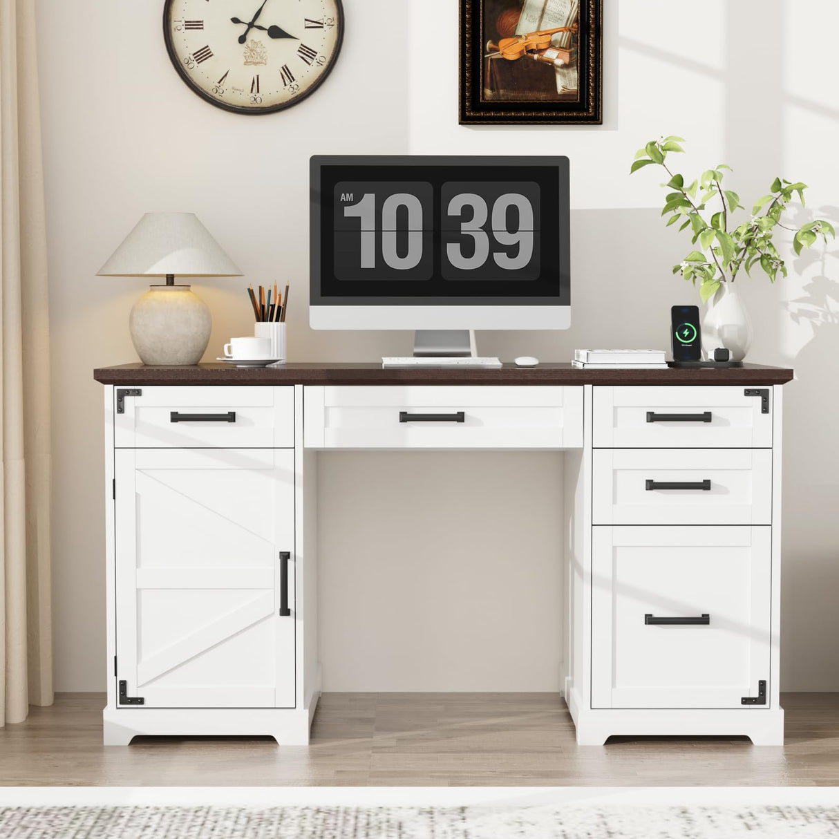 VOWNER 55" Executive Desk, Home Office Desk with Drawers and Storage Cabinet, Farmhouse Wood Desk Workspace for Work Study Writing, Charging Station, Letter/A4 File Drawer, White VOWNER