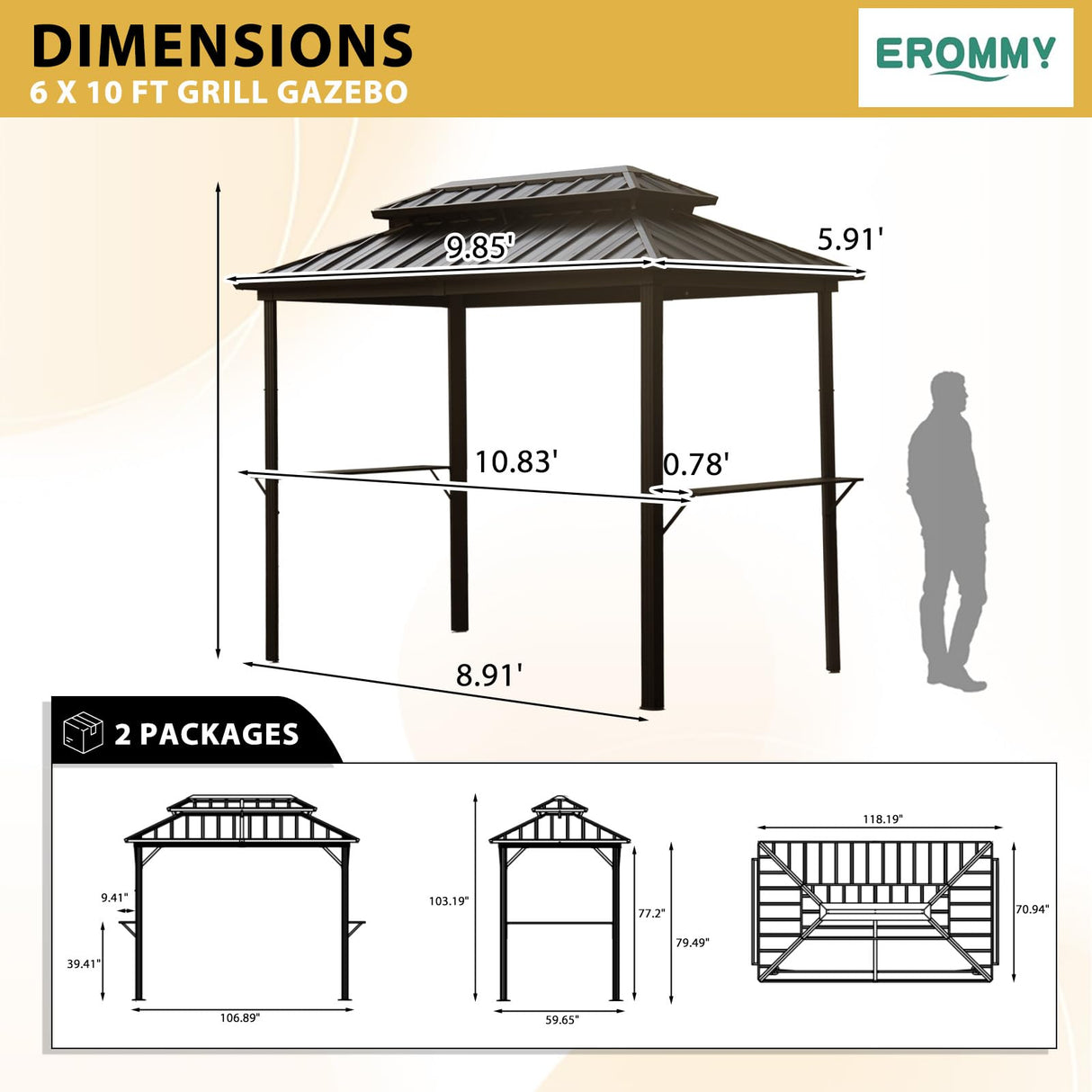 EROMMY 6' x 10' Hardtop Grill Gazebo, Outdoor Metal BBQ Gazebo with Double Galvanized Steel Roof, Permanent Grill Canopy with Side Shelves and Ceiling Hooks for Patio Deck Lawn Backyard Garden (Brown) EROMMY