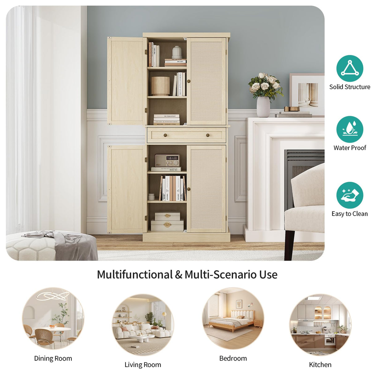 YHAOWORKS Kitchen Pantry Storage Cabinet - Rattan 4 Doors 1 Drawer Tall Cabinet with Adjustable Shelf and 6 Shelves, 72'' Freestanding Cupboard for Living Room, Dining Room, Bathroom (Natural) YHAOWORKS