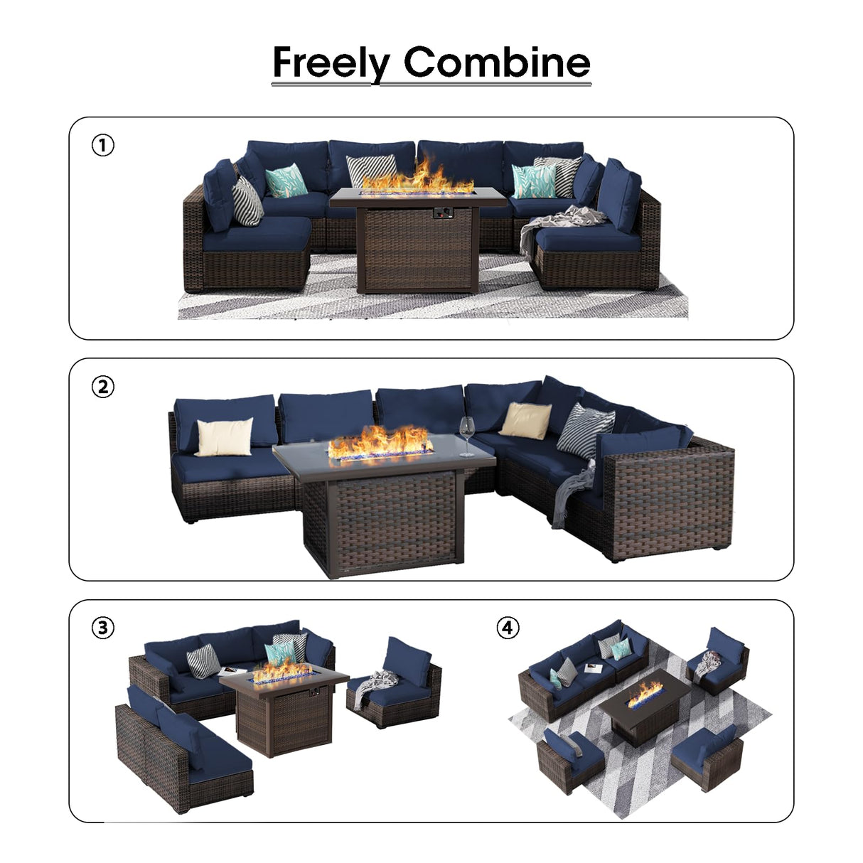 gaildon 7 Piece Patio Furniture Set with 42" Fire Pit Table Outdoor Sectional Conversation Sofa Set with Coffee Table and Comfortable Cushions, Blue gaildon