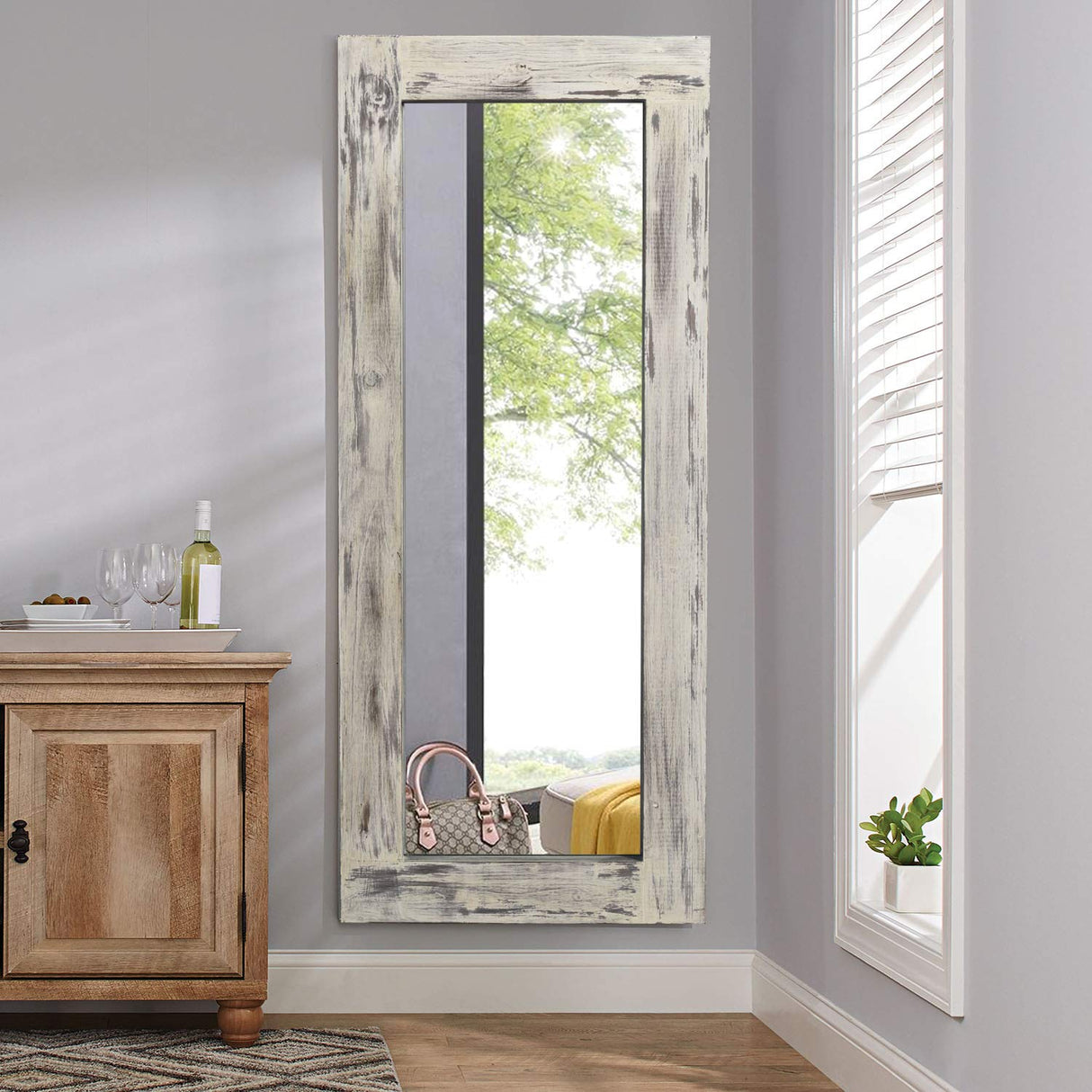 KIAYACI Full Length Mirror Floor Mirror Wood Frame Wall Mounted Mirror Distressed Style Wide Frame Dressing Make Up Mirror for Bathroom/Bedroom/Living Room/Entry/Farmhouse (Light Gray, 58" x 24") KIAYACI