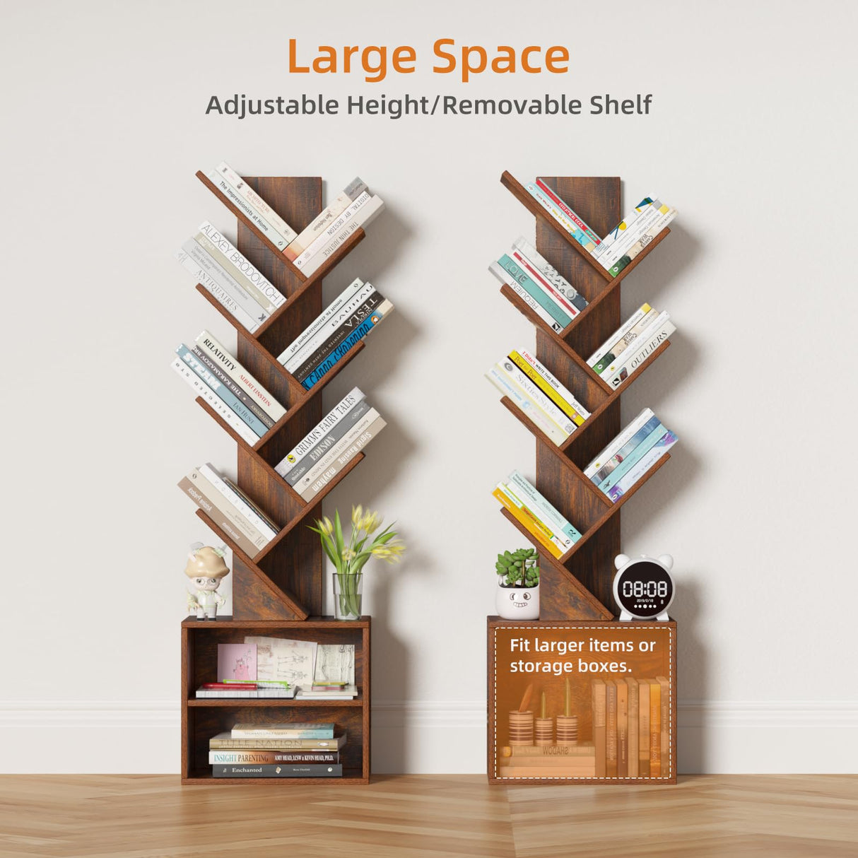 SHEEPAM 10 Tier Tree Bookshelf,Floor Standing Wood Tall Bookcase for Narrow Space, Storage Organizer Bookshelves for Books, Book Case for CDs/Movies/Books,Home Office,Living Room, Bedroom SHEEPAM