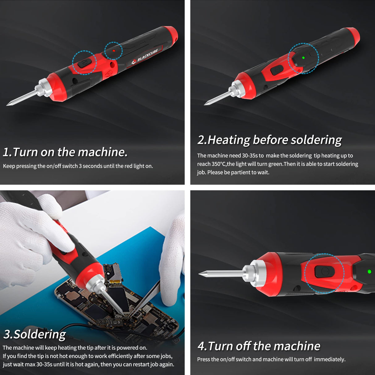 BLACKCUBE 4V Cordless Soldering Iron, Soldering Kit with 2000mAH Rapid Heat Lithium-Ion Battery and Solder Tips, LED Spotlight & Rechargeable Soldering Iron Kit, Professional Portable Welding Tool BLACKCUBE