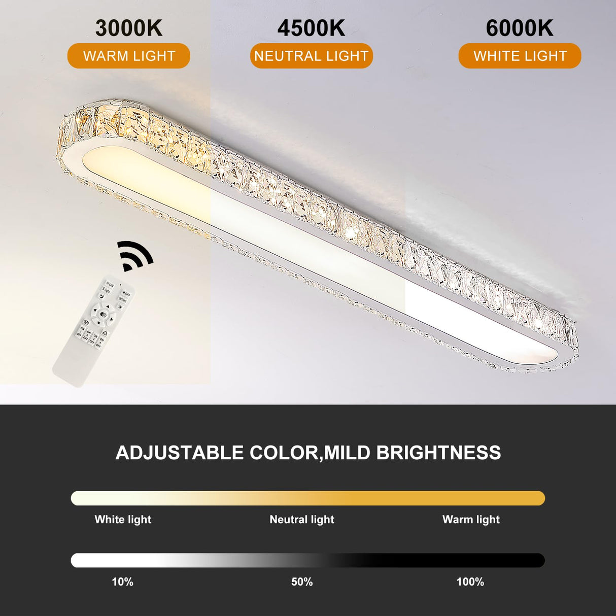 Qcyuui Dimmable LED Ceiling Light 39.4'' Kitchen Lighting Fixtures Ceiling Modern Luxury Crystal Ceiling Light with Remote Chrome Long Ceiling Light Fixture for Kitchen Dining Room Hallway,48W Qcyuui