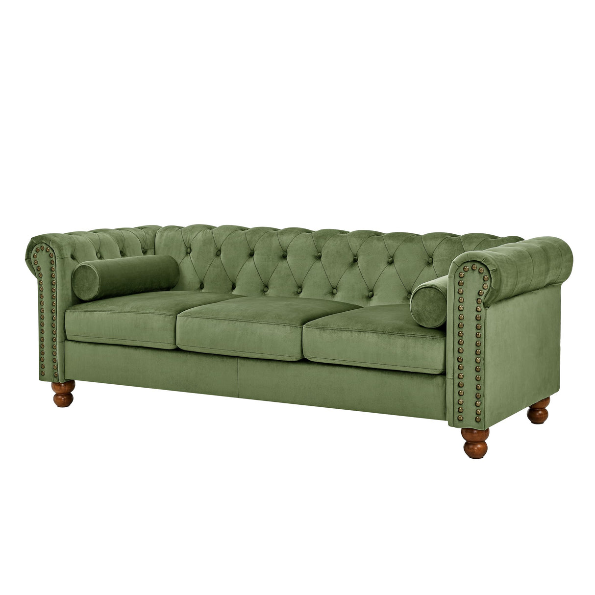 Asucoora Tufted Velvet Sofa Couch for Living Room, Rolled Arm 3-Seater Sofa Couch with Nailhead Trim and 2 Neck Roll Pillows, Small Apartment Chesterfield Sofa Green Asucoora
