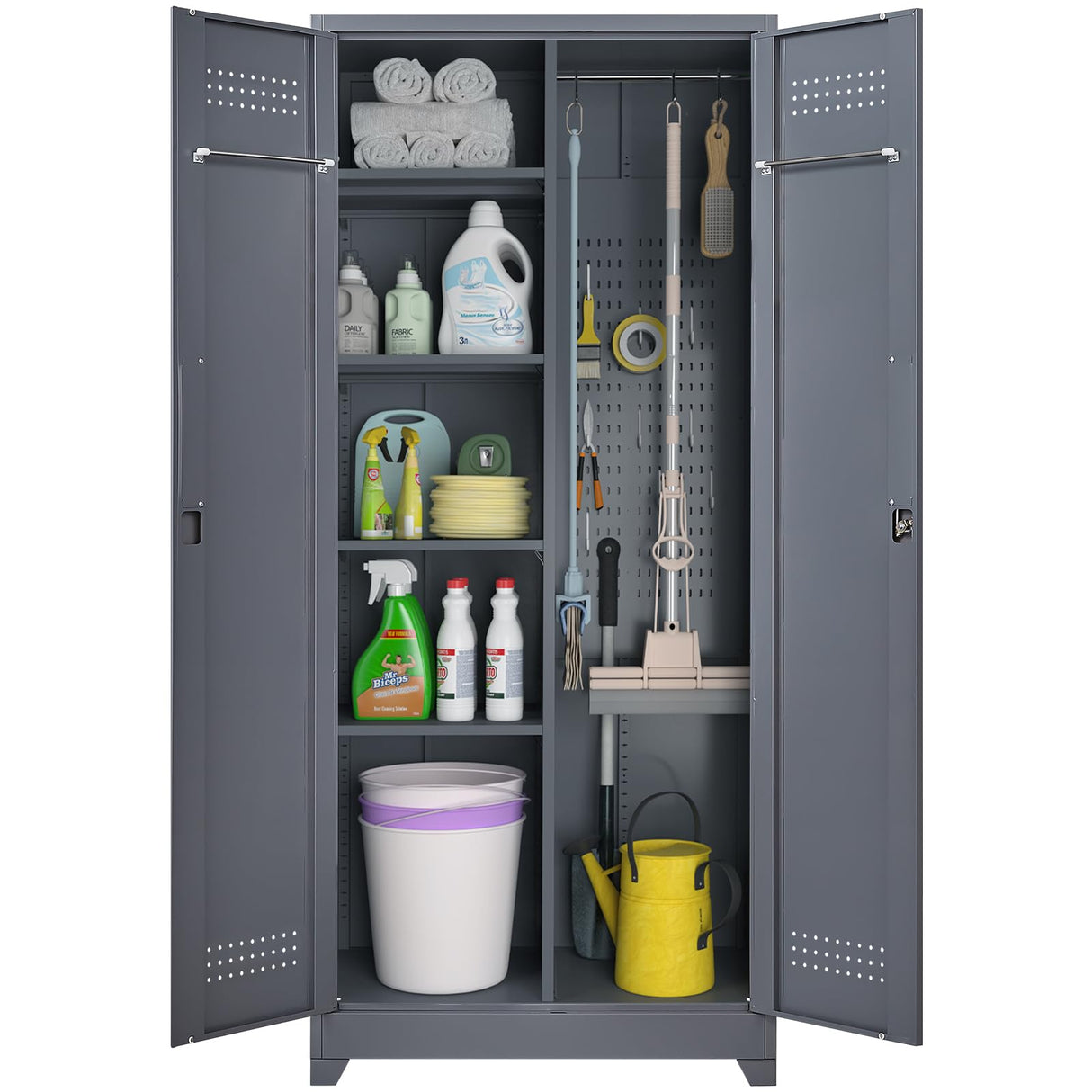 IRONFFICE Utility Cabinet,Heavy Duty Garage Cabinets with Shelves,Cabinet for Brooms and Mops for Laundry Room,Garage,Bathroom,Grey IRONFFICE