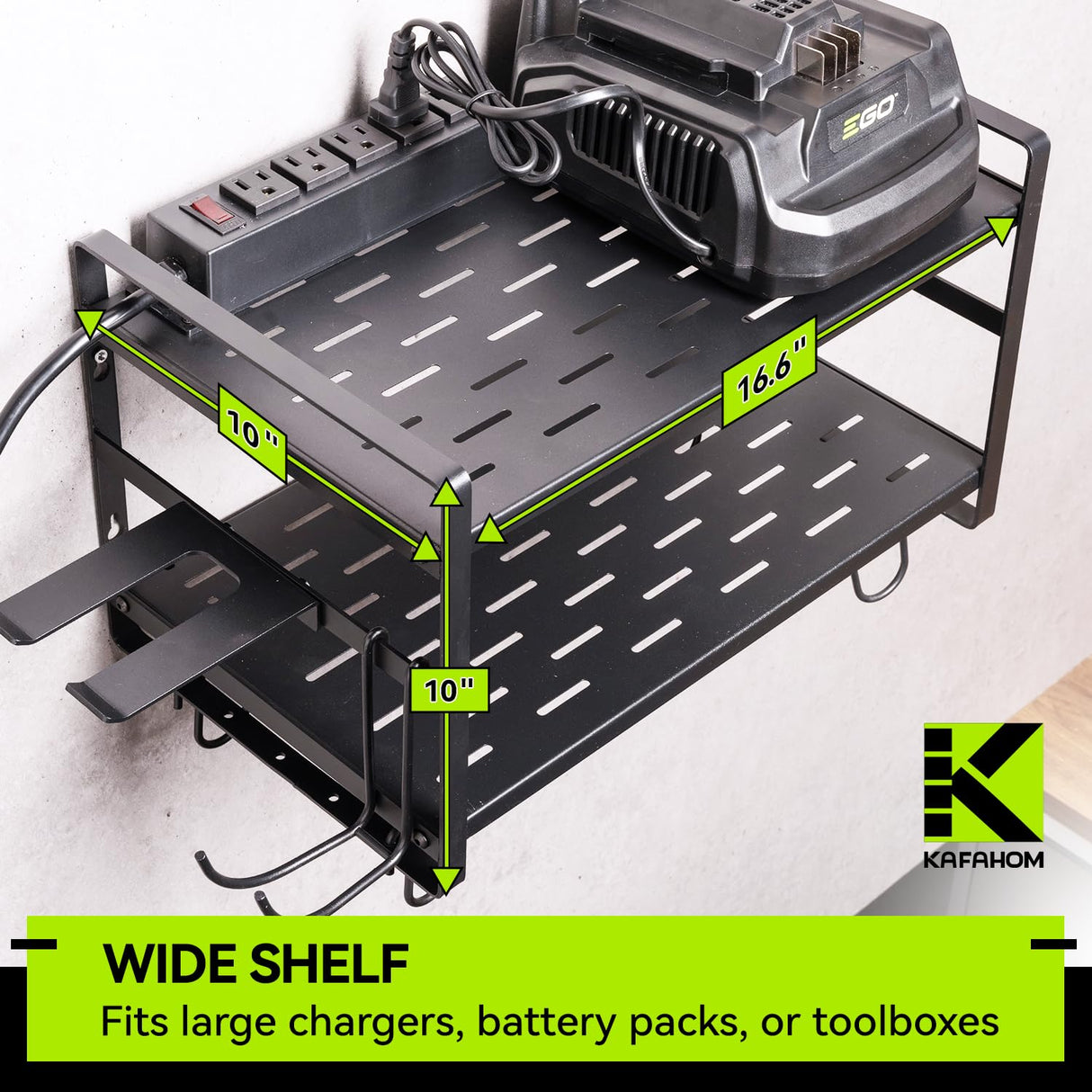 KAFAHOM Leaf Blower and Weed Eater Rack with Charging Station, Lawn Power Tool Organizer Wall Mount, Lawn Tool Storage Rack for Leaf Blower, Weed Eater, Battery, Charger, Black KAFAHOM