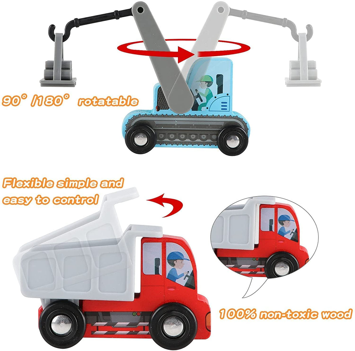 UMU Construction Toy Cars 7 PCS Wooden Kids Mini Vehicles for Toddlers, Compatible to Thomas Train Toys Railway and Major Brands, Best for 3 to 5 Year Old Boys and Girls UMU