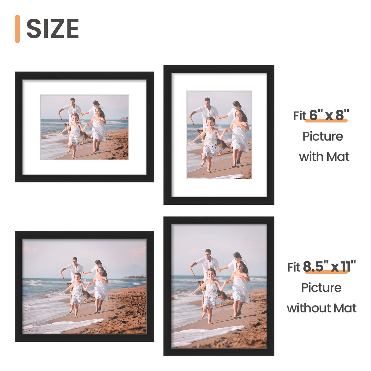 upsimples 8.5x11 Picture Frame Set of 3, Made of High Definition Glass for 6x8 with Mat or 8.5x11 Without Mat, Wall and Tabletop Display Photo Frames, Black upsimples