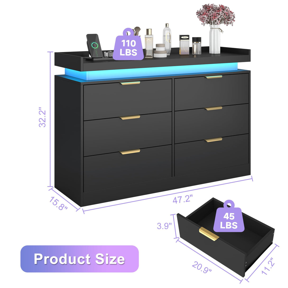 UNIQUITE 6 Drawer Dresser for Bedroom, Black Dresser with LED Lights and Power Outlet, Wooden Dressers Chests of Drawers, Double Wide Dressers for Bedroom, Living Room, Hallway UNIQUITE