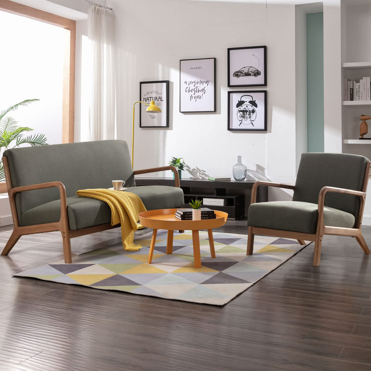 INZOY 50" Love seat Sofa 2 Seat Mid Century Modern Accent Chair, Uplostered 2 Person Couch Loveseat for Small Place Bedroom Office, Wood Frame and Attached 2 Waist Cushions, Green INZOY