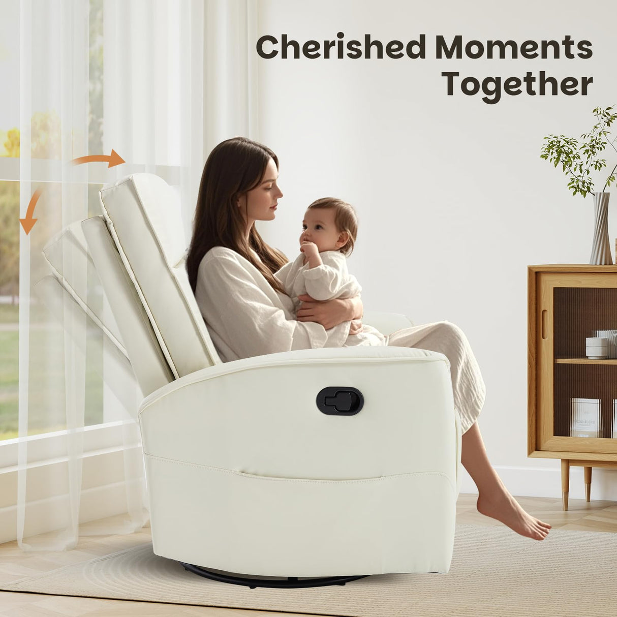 CANMOV Rocker Recliner Chair,360°Swivel Nursery Glider Recliner,Manual Recliner Sofa with Padded Armrest and Backrest,Leather Recliner for Small Spaces,Living Room,Bedroom,White CANMOV