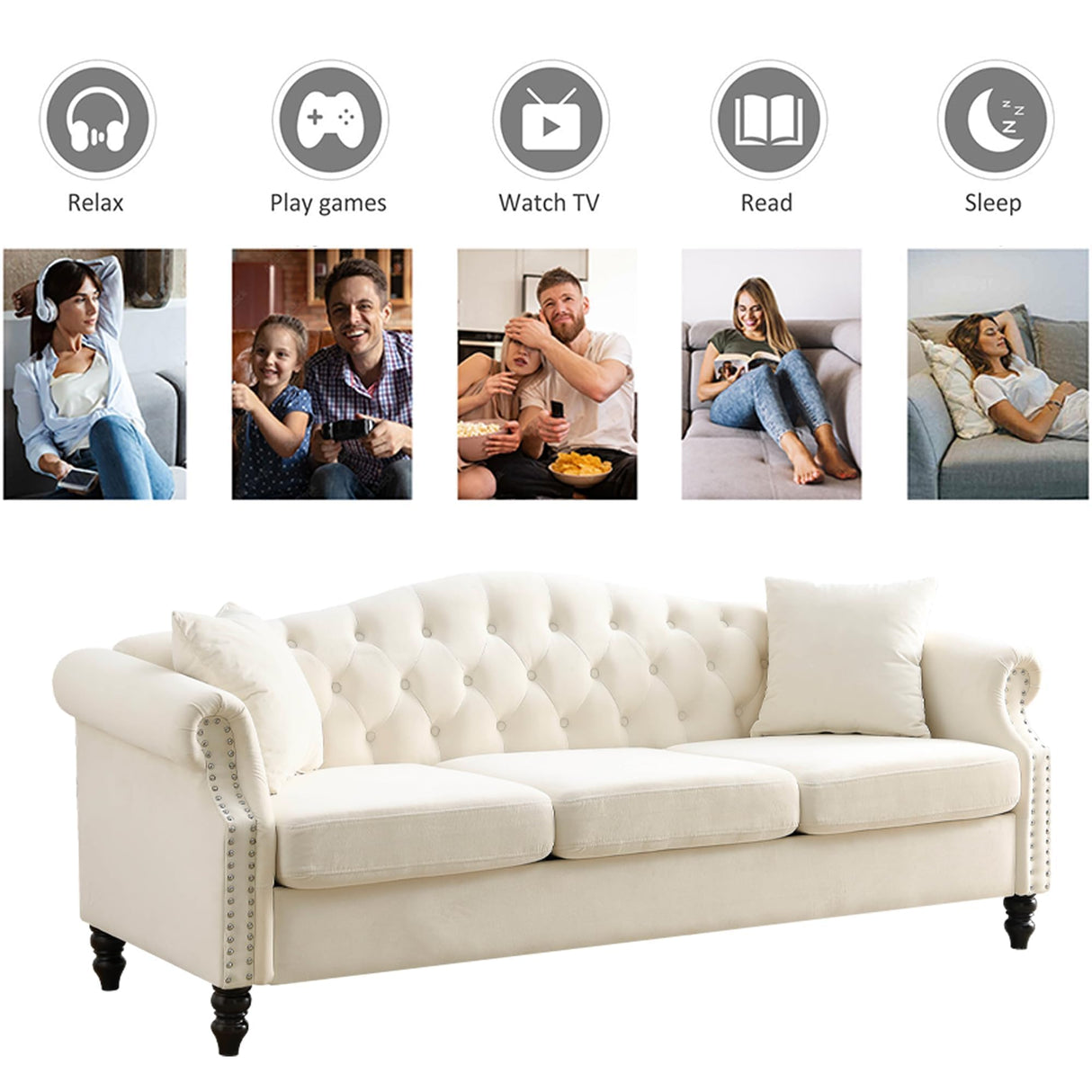 ATUMON 79" 2 Piece 3-Seater Velvet Chesterfield Sofa Couch for Living Room, Combination Sofa with 4 Pillows,Button Tufted Trimming Curved Backrest Rolled Arms with Black Legs, Beige ATUMON