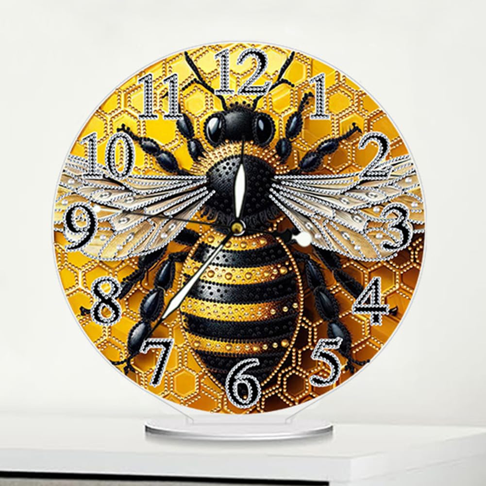 Sulunmo DIY Diamond Art Painting Kit Desk Tabletop Clock Craft Diamond Drill Art Kit for Home Decor Decoration, Creative Gift(Glow-in-The-Dark Bee-32) Sulunmo