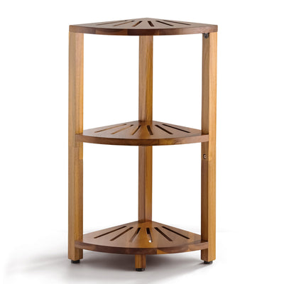BLUEWEST 3-Tier Corner Shower Caddy Stand, Wood Shower Organizer Standing with Anti-Slip Feet, Waterproof & Durable Bathroom Corner Shelf, Space-Saving Design Storage for Kitchen or Living Room
