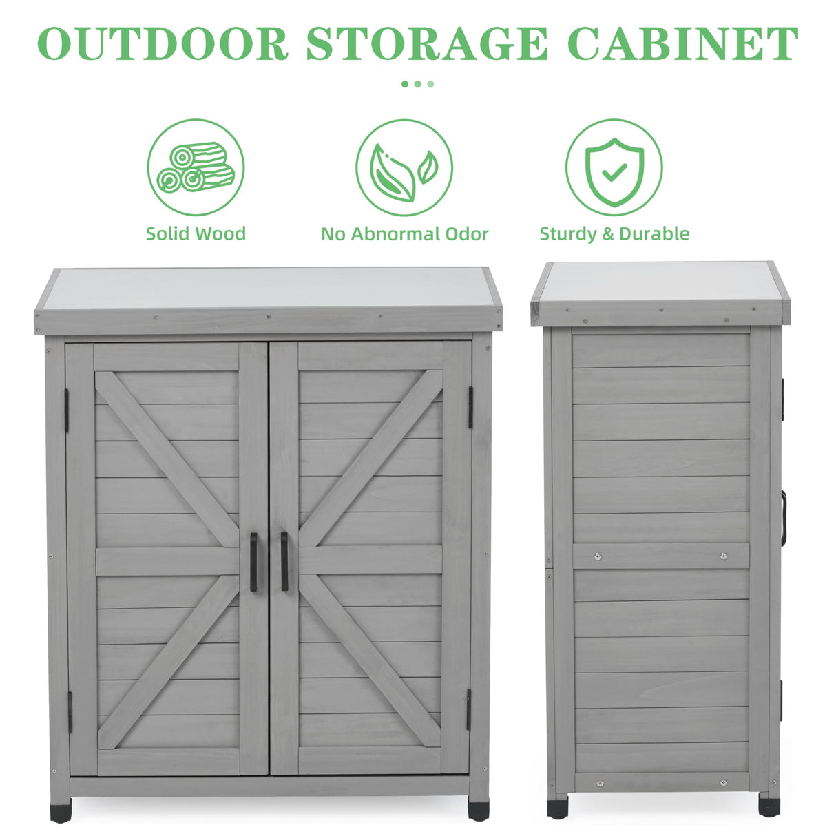 Outdoor Potting Bench with Storage Cabinet and Metal Top, Wood Workstation for Outdoor Patio, Garden (Classic Grey, 31x17x36‘’) Wood-Natrl