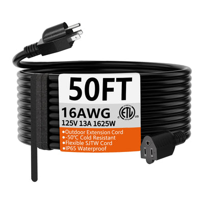 HUANCHAIN 50 FT 16 Gauge Black Indoor Outdoor Extension Cord Waterproof, Flexible Cold Weather 3 Prong Electric Cord Outside, 13A 1625W 125V 16AWG SJTW, ETL Listed