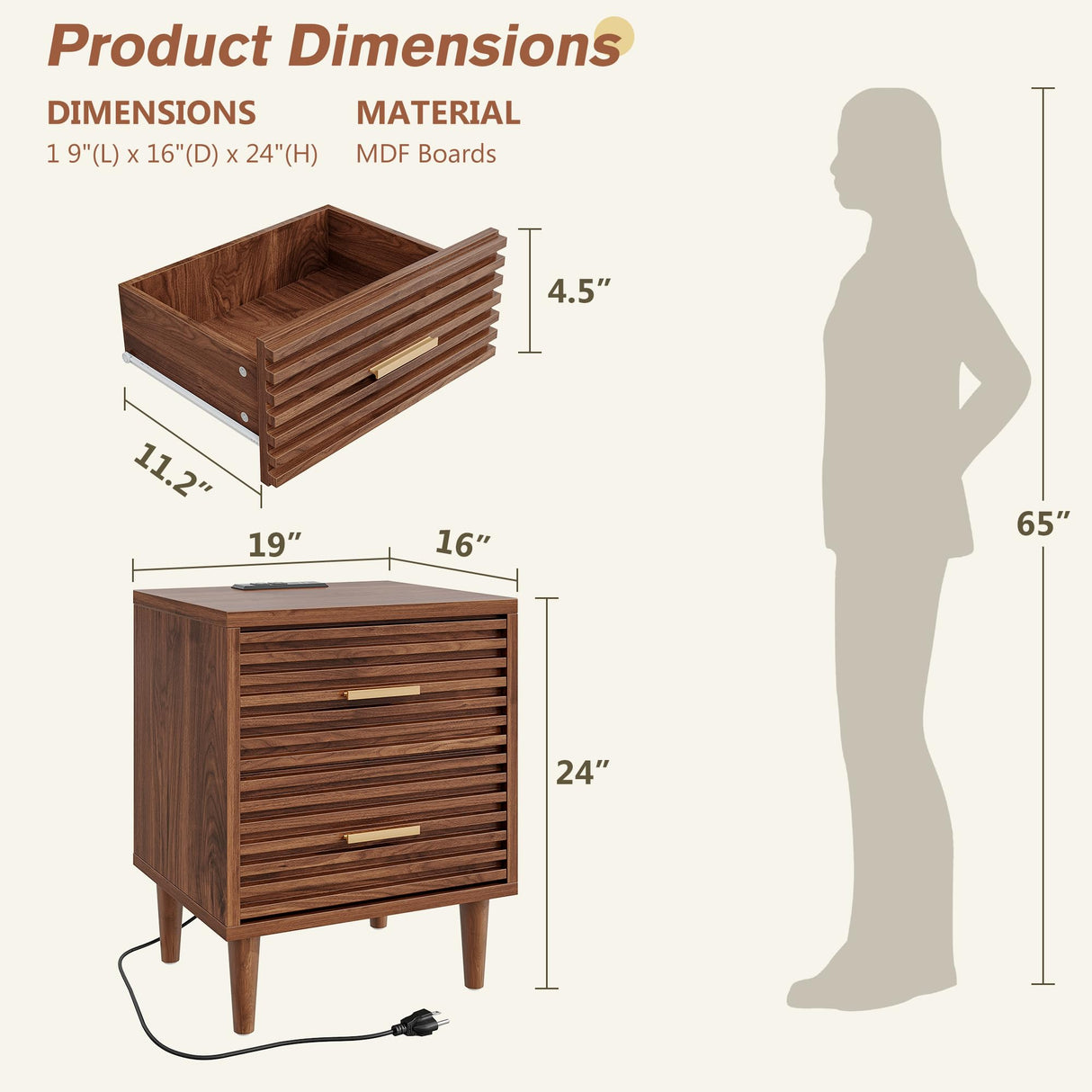 Whalefall Night Stands with Charging Station Set of 2, Mid Century Modern Nightstand, Fluted Bedside Table with Drawer, End Table Bed Side Tables for Bedroom, Accent Tables with Wood Legs, Brown 2pcs Whalefall