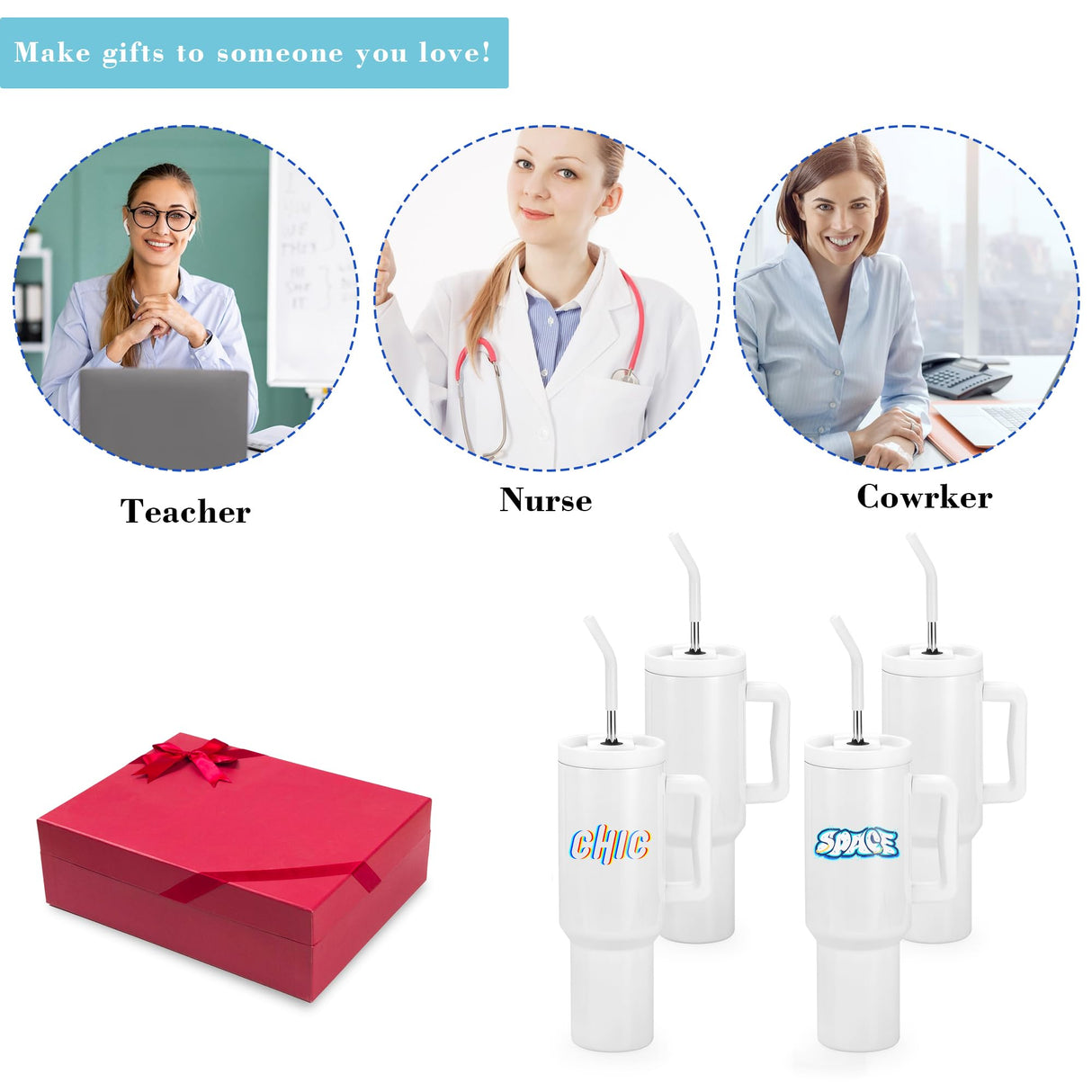 Sublimation Tumblers, 4 Pack 40oz Insulated Tumbler, 100% Leak Proof, with Handle & Lid & Straw & Brush, Stainless Steel Iced Coffee Tumbler Bulk, DIY Gift for Women Men Travel Party Car Office, White Skyflora