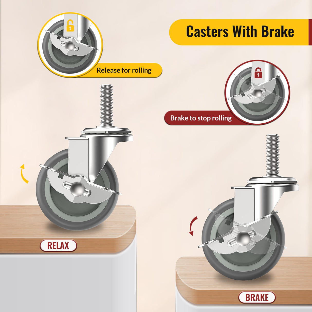 HOLKIE Caster Wheels 3 inch Locking Stem Casters, 3/8" -16 x 1-1/2" (Stem Diameter 3/8", Stem Length 1-1/2") Threaded Stem Casters Swivel Casters Set of 4 Heavy Duty Castors Gray HOLKIE