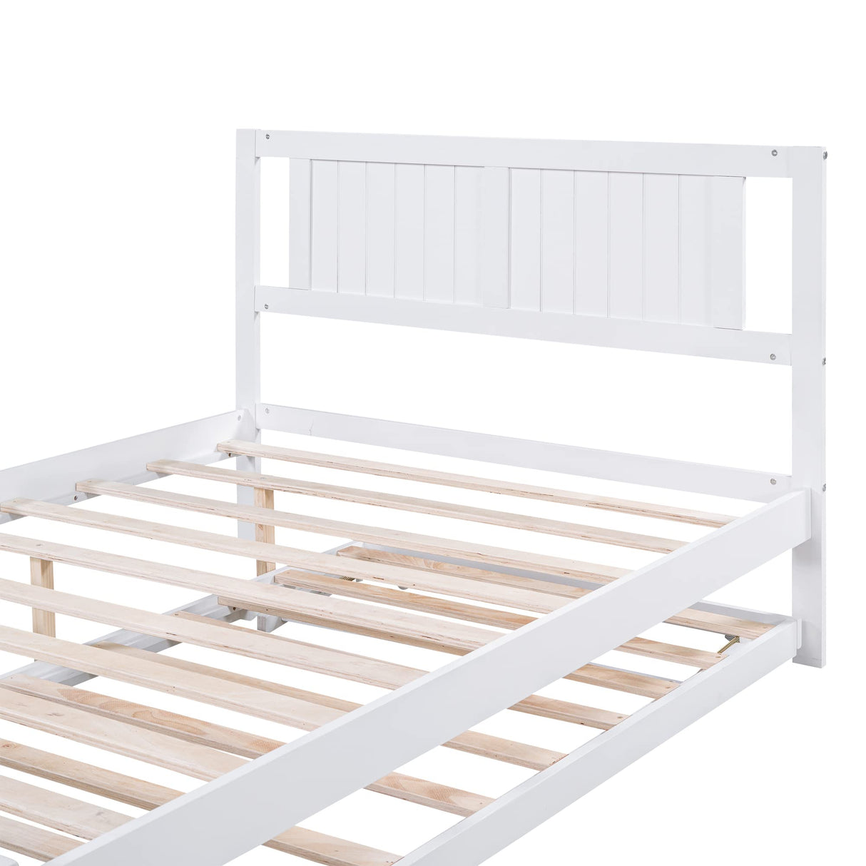 MERITLINE Full Size Bed Frame with Headboard,Wood Full Bed with Adjustable Trundle Bed, Extendable Bed Frame to 2 Beds for Kids Teens Adults (White) MERITLINE