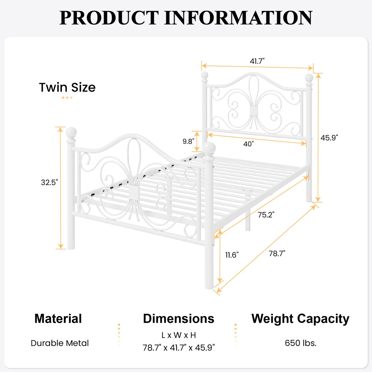 SHA CERLIN Twin Size Bed Frame for Kids,Metal Bed Frame with Butterfly Pattern Design Headboard & Footboard,No Box Spring Needed,Easy Assembly,White SHA CERLIN