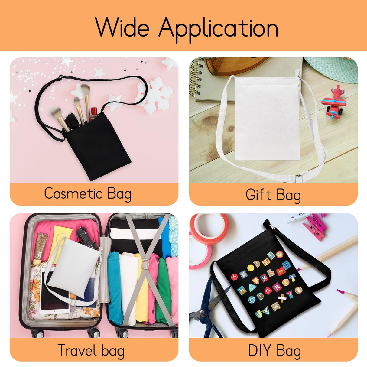 Muka 4 Pack Small Crossbody Canvas Zipper Bag, 7 x 9 Inch White Bag for DIY Craft Muka