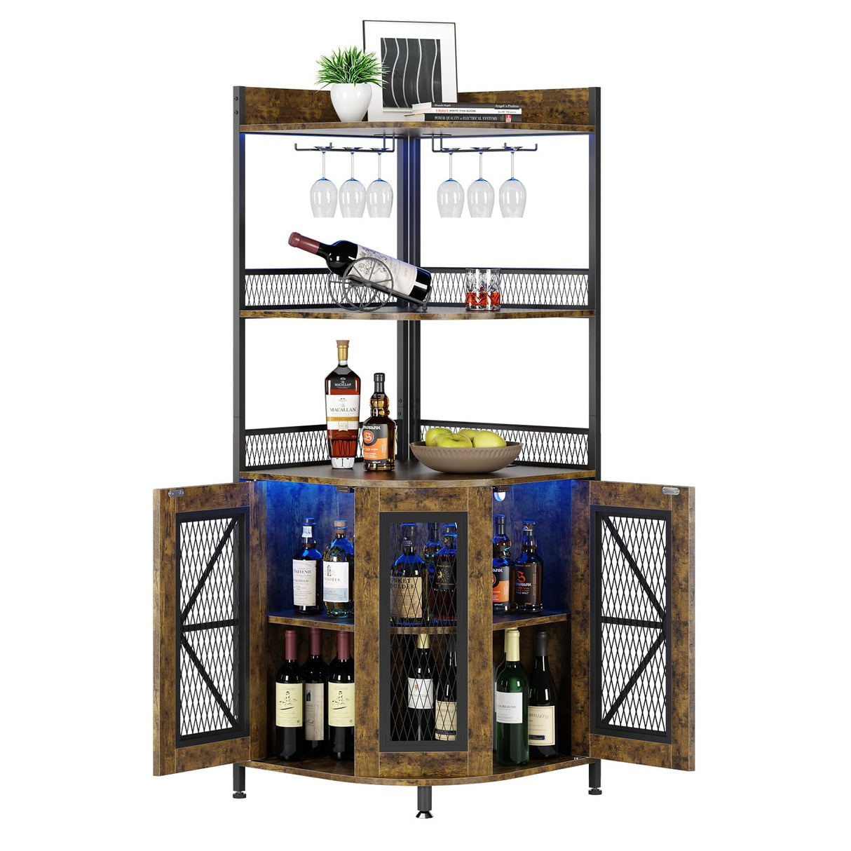 Garvee 5-Tiers Corner Bar Cabinet with Power Outlet,64''Industrial Tall Wine Cabinet with LED Lights&Glass Holder, Liquor Cabinet with Storage,Corner Display Shelf for Living Room/Kitchen(Brown) Garvee