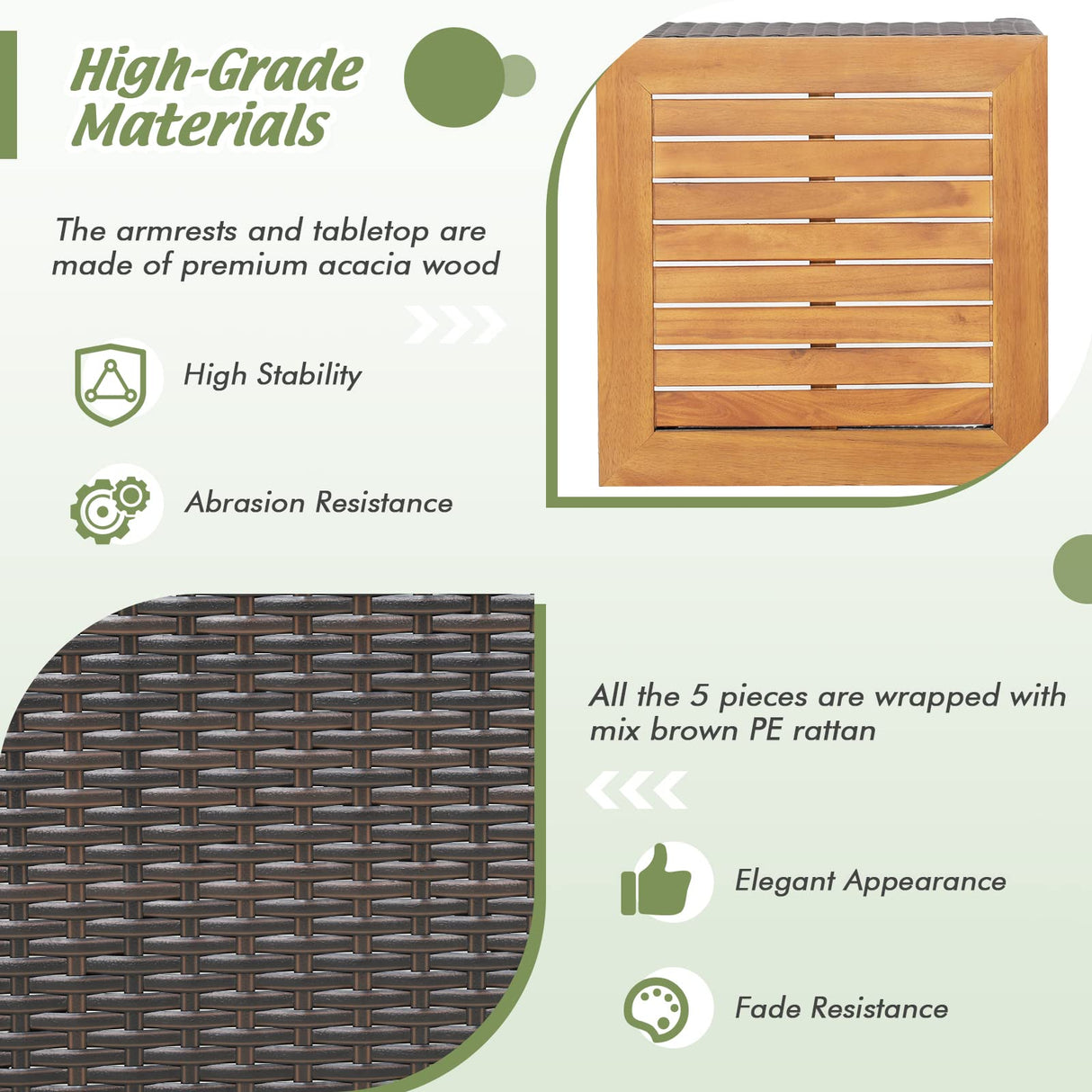 Tangkula 5 Piece Patio Furniture Set, Patiojoy Outdoor Conversation Set w/Seat & Back Cushions, Coffee Table & 2 Ottomans, Acacia Wood Tabletop & Armrests, Wicker Sofa Set for Backyard, Poolside Tangkula