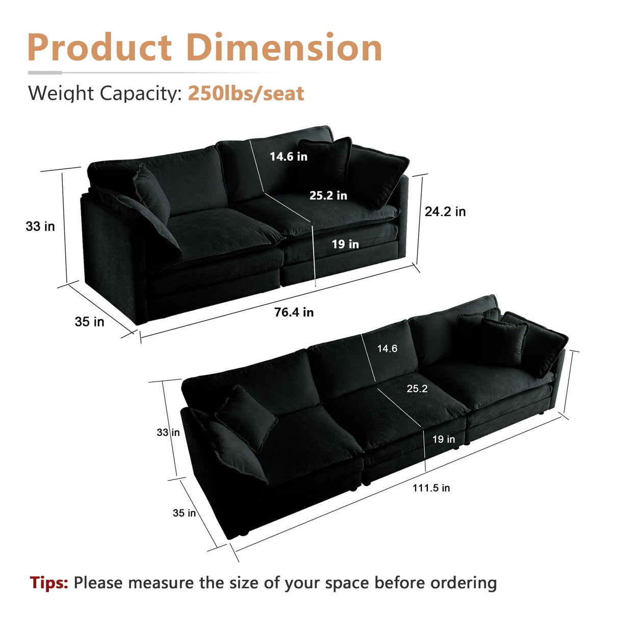 mikibama Luxury 2 Piece Cloud Couches Set, Modern Upholstered Chenille 3 Seater and Loveseat Sofa Set with 9 Pillow for Living Room Bedroom Office Apartment, Black mikibama