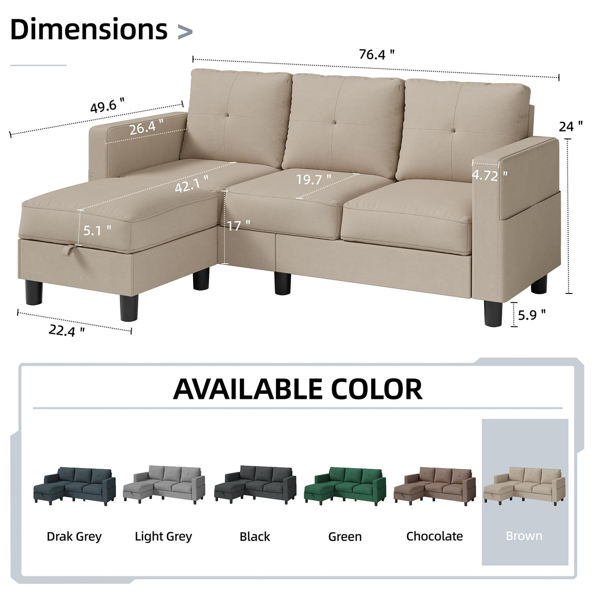 Shintenchi Convertible Sectional Sofa Couch, Modern Linen Fabric L-Shaped Couch 3-Seat Sofa Sectional with Reversible Chaise for Small Living Room, Apartment and Small Space (Light Brown) Shintenchi