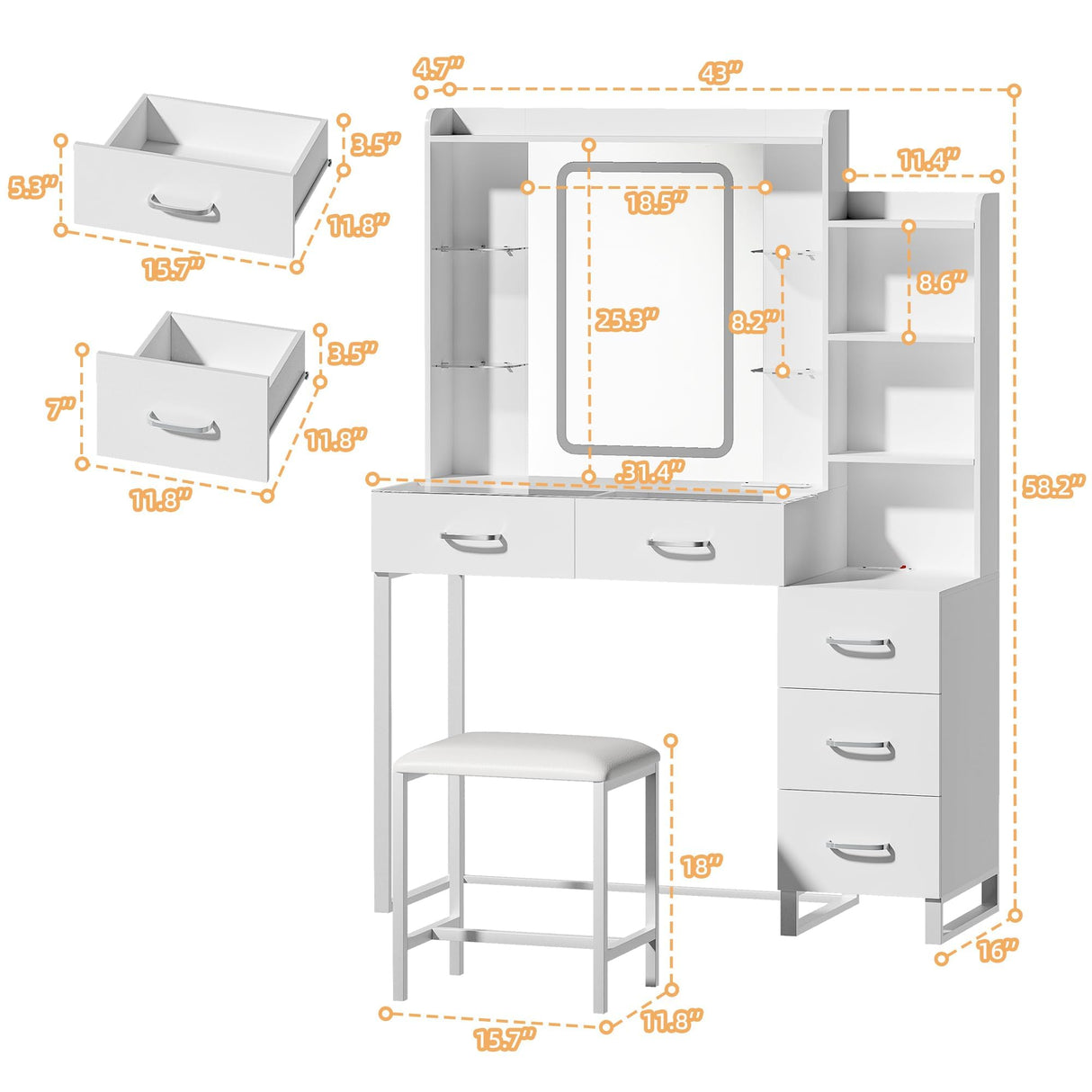 HUAHUU Vanity Desk with Mirror and LED Lights, 57.5" Makeup Vanity with Glass Top & Wireless Charging, Vanity with RGB Drawers, 3 Colors Light, Power Outlet Safety Switch for Bedroom, White HUAHUU