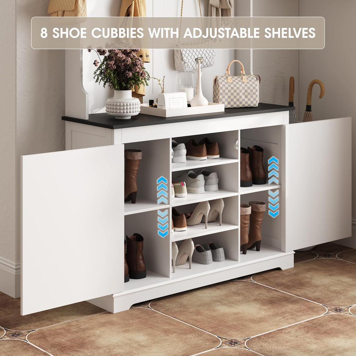 Maupvit Farmhouse Narrow Coat Rack with Shoe Storage, 12 Shoe Cubbies & 7 Coat Hooks, Entryway Furniture with Hall Tree, Ideal for hallways, Living Rooms and Mudrooms, White Maupvit