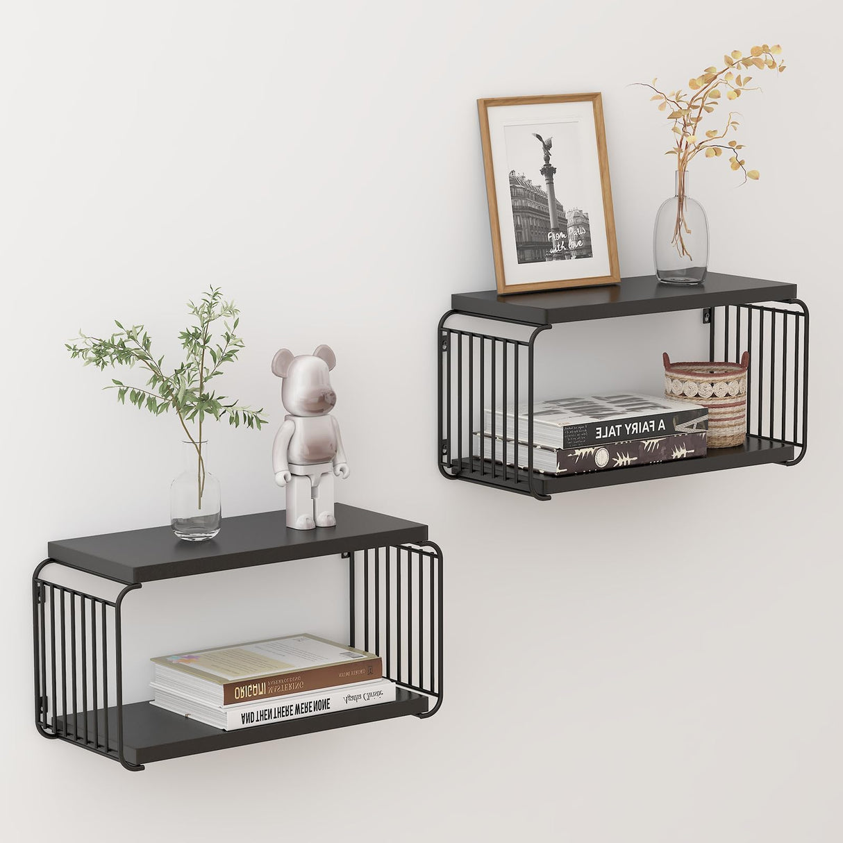 MXCSE Floating Nightstand Shelves, Modern Night Stand for Bedroom, Wood Floating Shelf for Wall, Nightstand Bedside Table, Mid Century Wall Shelves for Living Room, Bedroom (2, Black) MXCSE