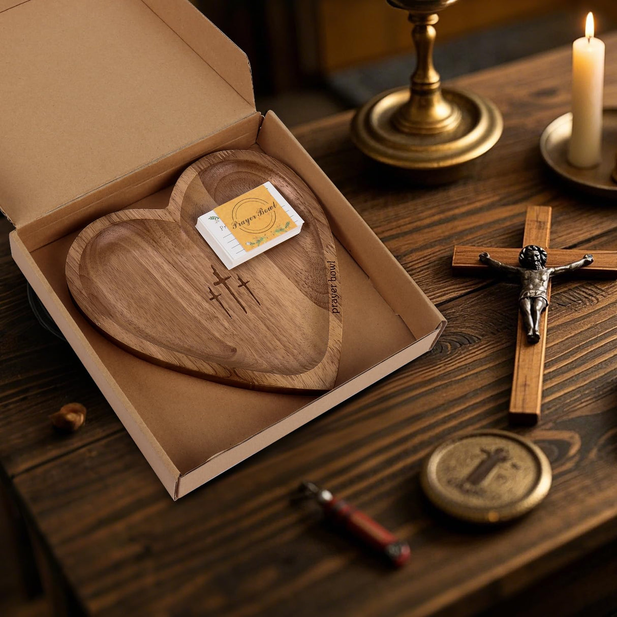 Woonmart Wooden Heart Prayer Bowl, Dough Bowl with 24 Prayer Cards, Religious Gifts, Heart Prayer Bowl, Easter Gifts Thanksgiving Day christian decor prayer box christian gifts for women Woonmart