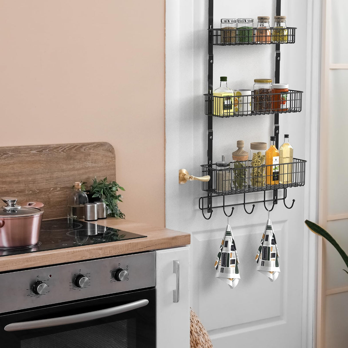 YBING Over The Door Organizer with Hooks 3 Tier Back Towel Hanger Baskets Metal Behind Hanging Storage Shelf Pantry Racks for Bedroom Bathroom Black, R01-R984 YBING