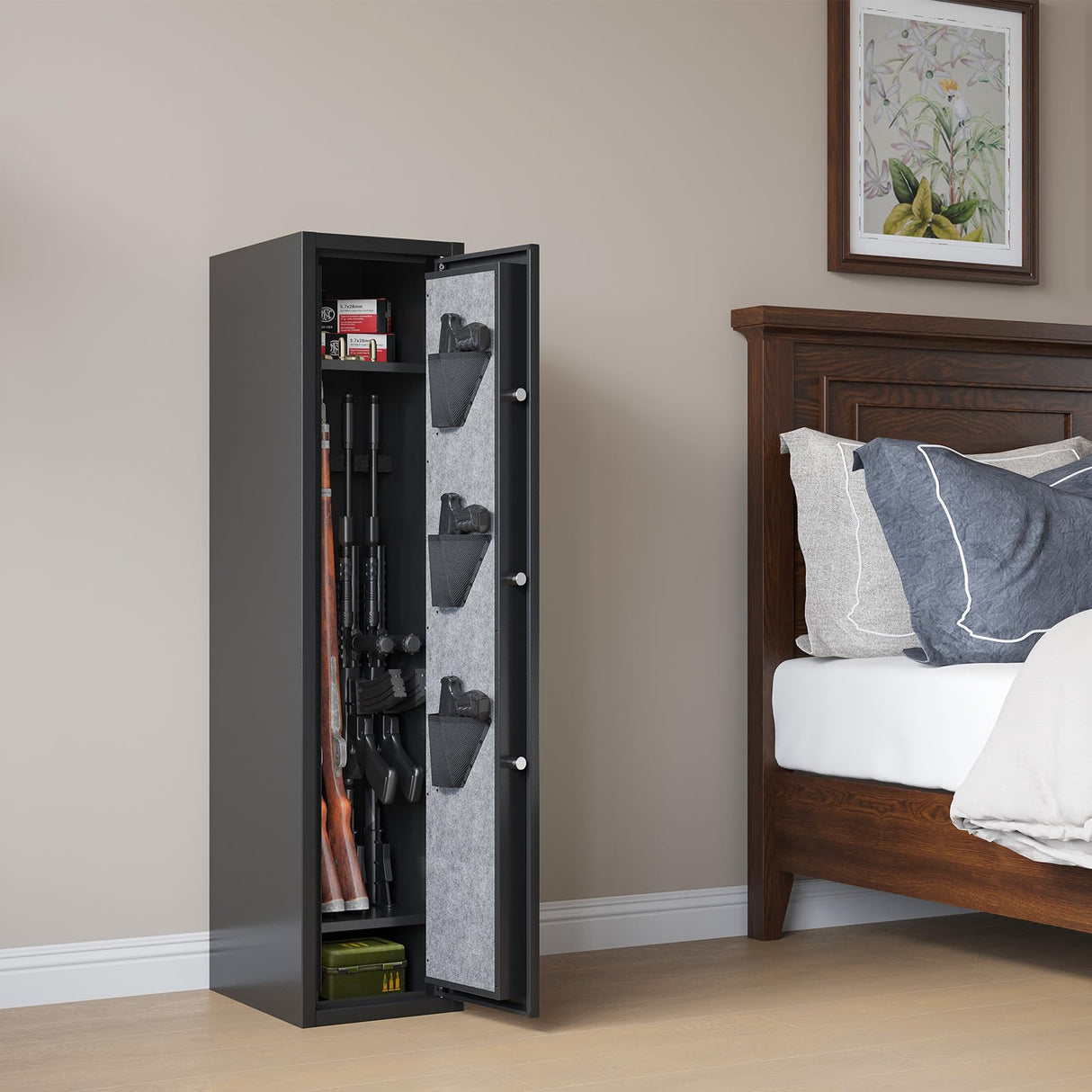 Xyvaly Deep Rifle Gun Safe for 2-4 Guns, Fits Rifles Safe with Scopes, Gun Safe for Rifles and Pistols, Gun Cabinet with 3 Pistol Pouches,Tall Steel Guns Safes with Quick Open Display Keypad Xyvaly