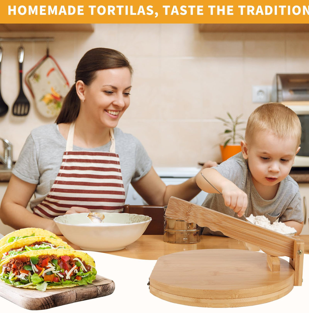 Wooden Tortilla Press 10 Inches with Rolling Pin & 50 Pcs Parchment Paper Mexican Tortillera Presser Homemade Tortillas Roti Pataconera Dough Press Uprony