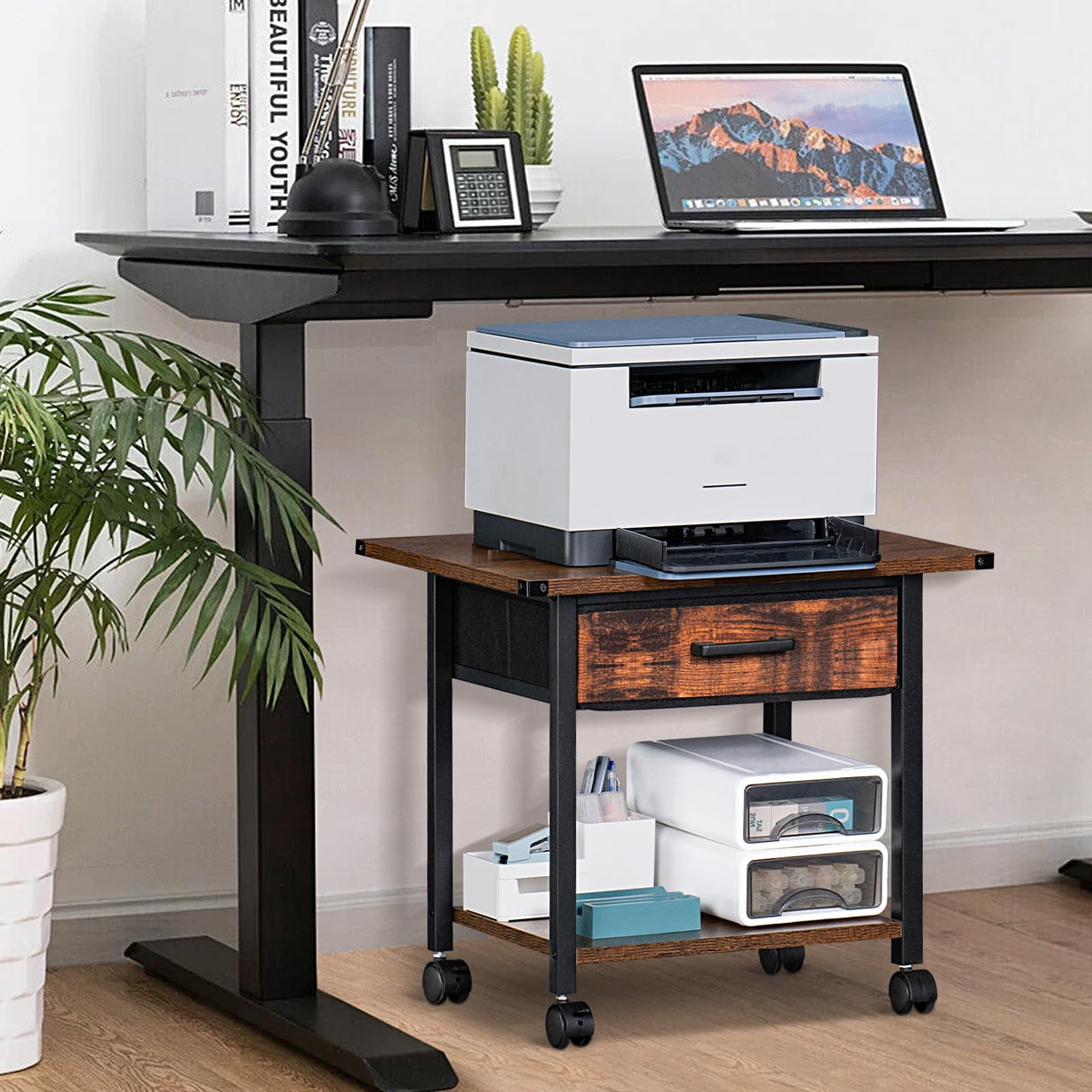 Lerliuo Under Desk Rolling Printer Stand with Drawer, 2-Tier Industrial Mobile Printer Table Desk with Storage Shelf and Steel Frame, Printer Cart Holder with Lockable Wheels for Home, Office (Brown) Lerliuo