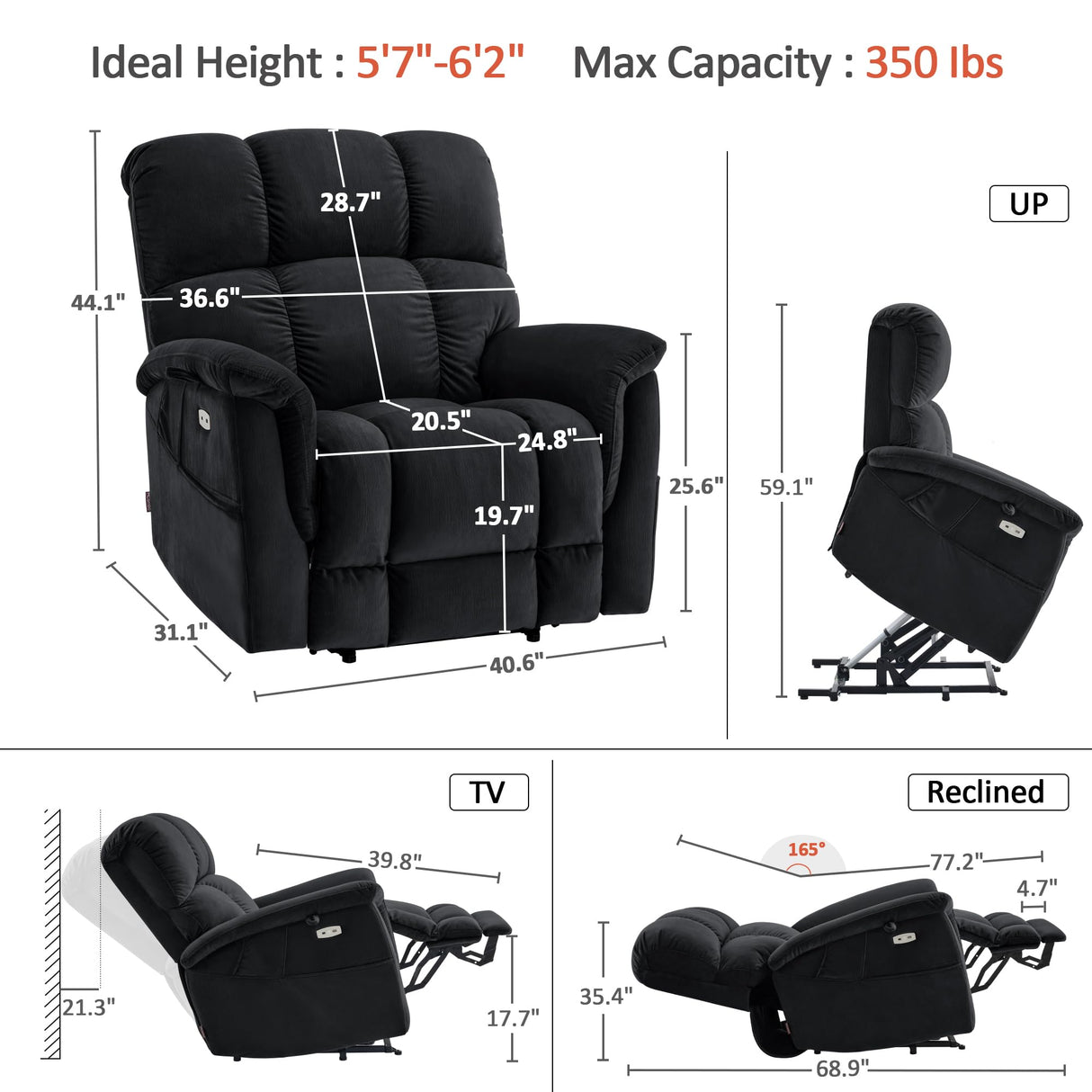 MCombo Large-Wide Dual Motor Power Lift Recliner Chair, Massage and Dual Heating for Elderly People, Infinite Position, Fabric R7166 (Black) MCombo