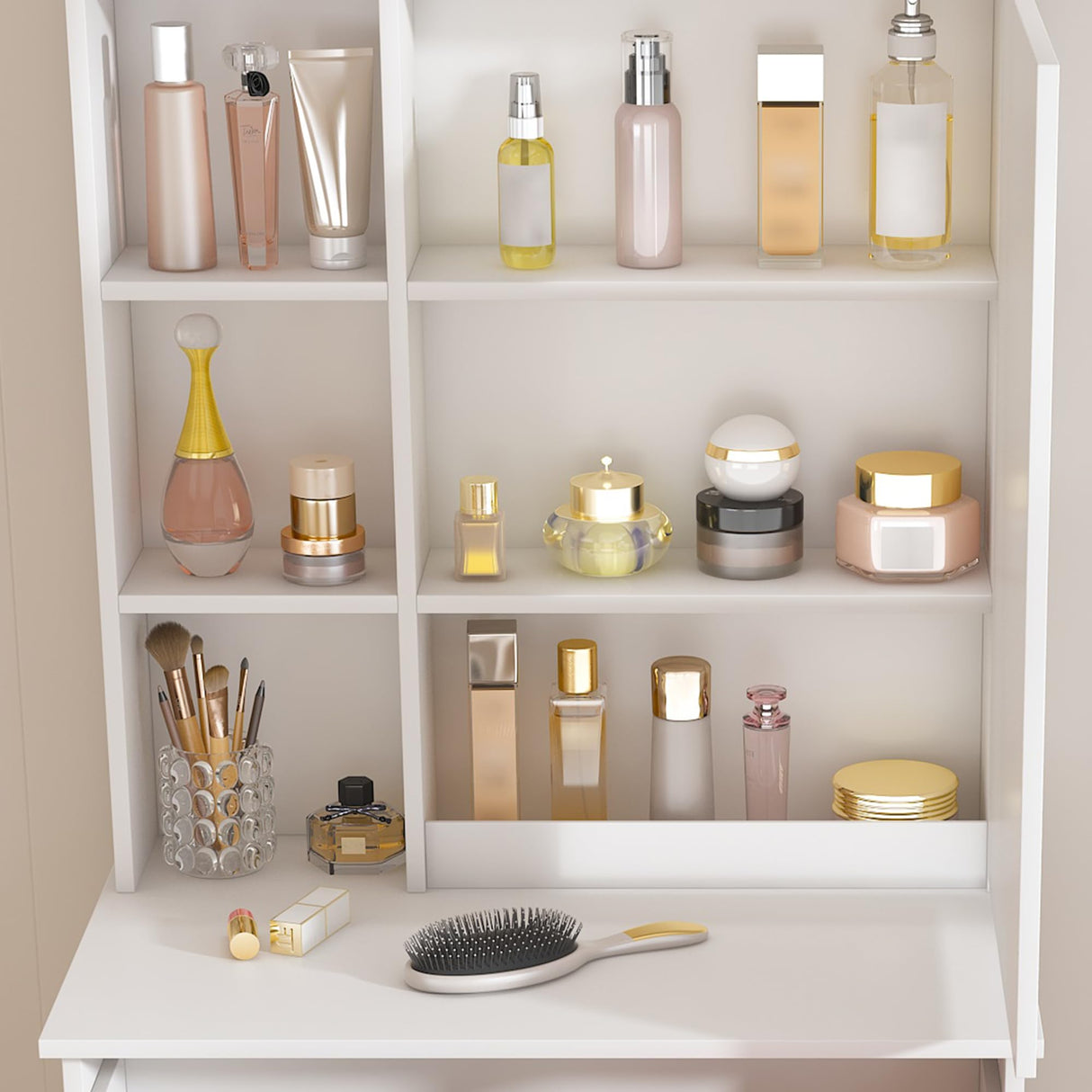 Montary Modern Mini Vanity Table with LED-lit Mirror & Hidden Storage & Padded Stool, 23.6" D Adjustable Brightness Vanity Desk Simple Design, Space-Saving Dressing Table for Small Bedrooms, White Montary