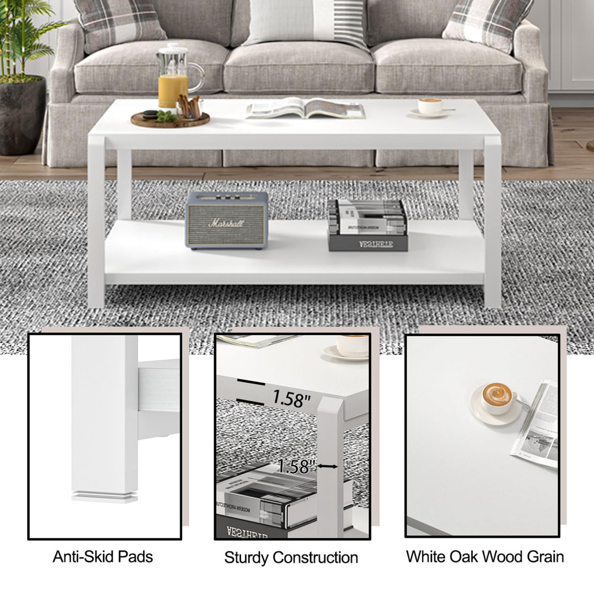 EXCEFUR White Coffee Table with Storage, Modern Center Table for Living Room, Rustic Wood and Metal Cocktail Tables, White Oak EXCEFUR