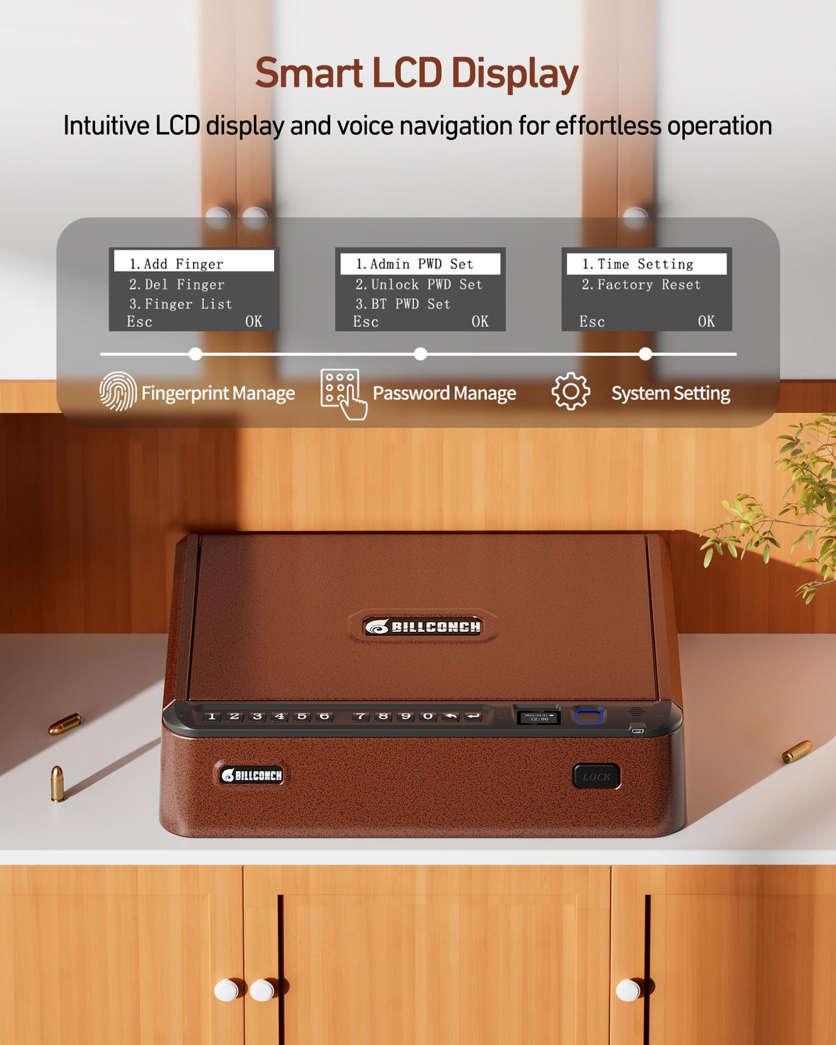 BILLCONCH Smart Gun Safe with Security Cable - Biometric Gun Safe for Handgun 4 Ways Quick Access with Fingerprint/Keypad/Key/APP Lock for Bedside Home Car with LCD/Voice Guide - Brown BILLCONCH