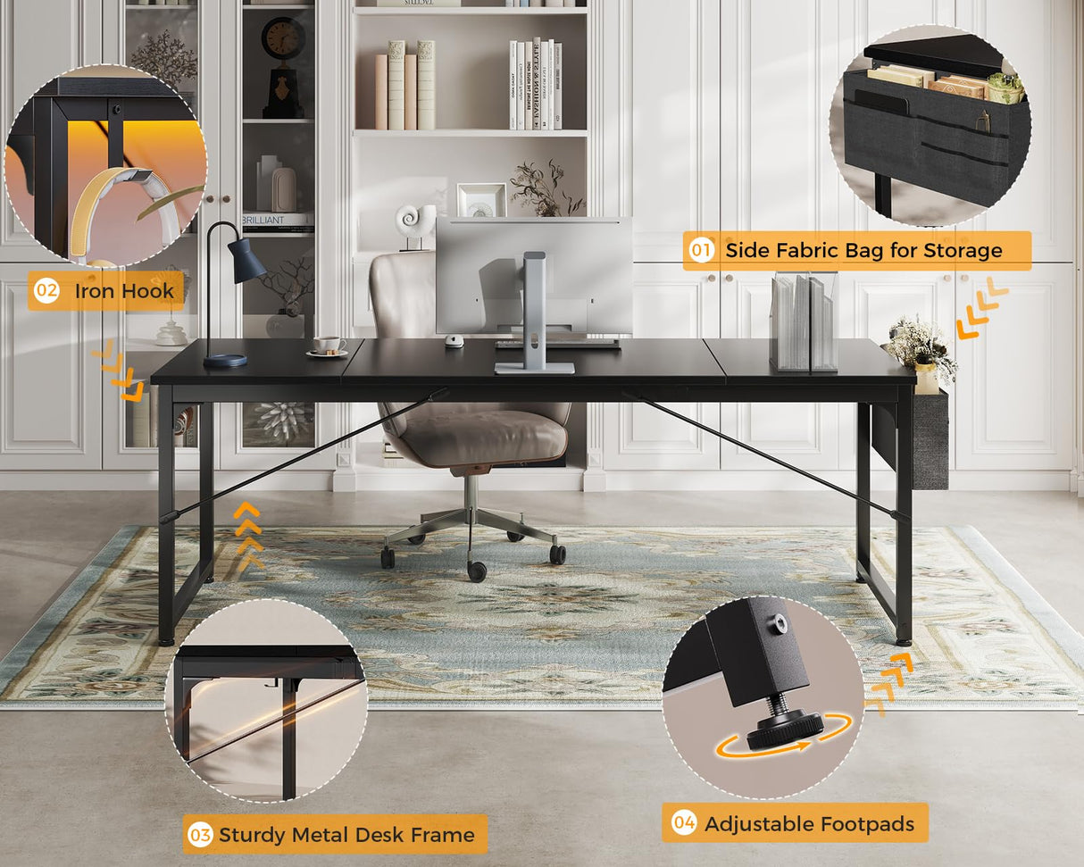 ODK 71 Inch Large Computer Desk Home Office Desk, Long Modern PC Desk Work Table with Headphone Hook & Fabric Bag for Storage, Spliced Board, Black ODK