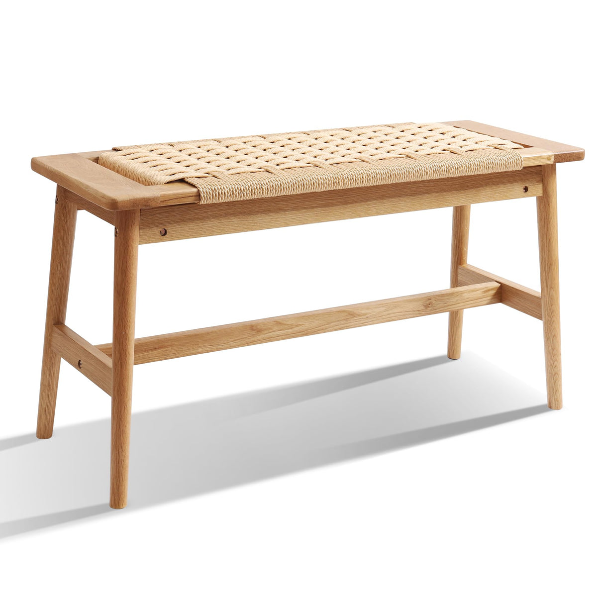 33.5" L Wood Dining Bench Indoor, 100% Natural Solid Oak Bed Bench Hand Woven Enterway Bench Small Bench for Dining Room, Bedroom, Kitchen (Natural) OGMILL